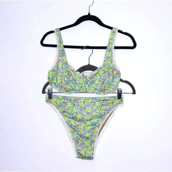 YELLOW THE LABEL Knox Lace Trim Two Piece Bikini Floral Palasides Women's L